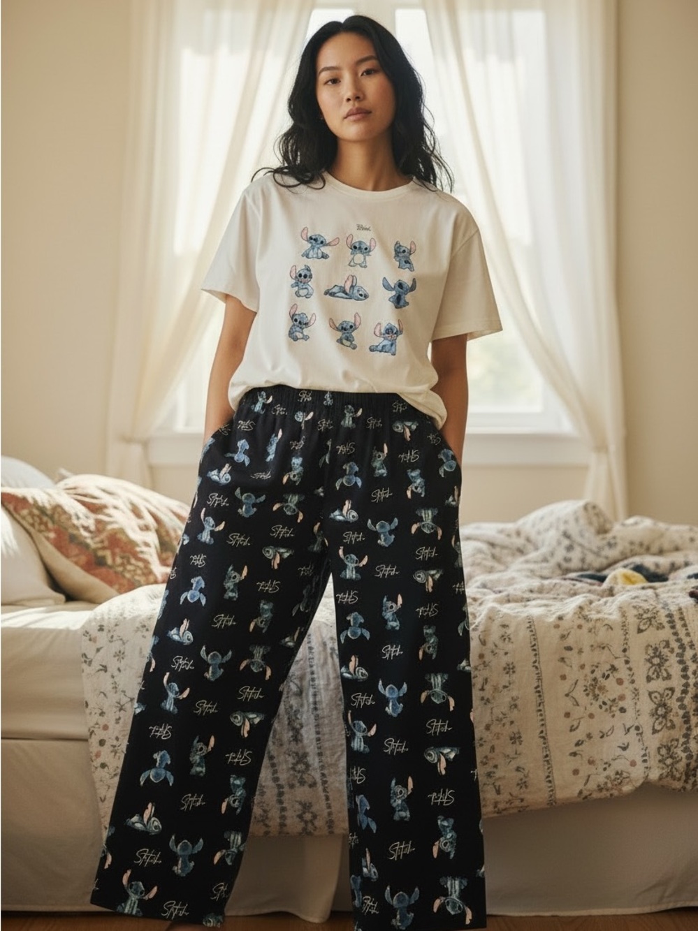 Disney Stitch NWT Women’s Cozy White Graphic Tee with Navy Printed Pajama Pants